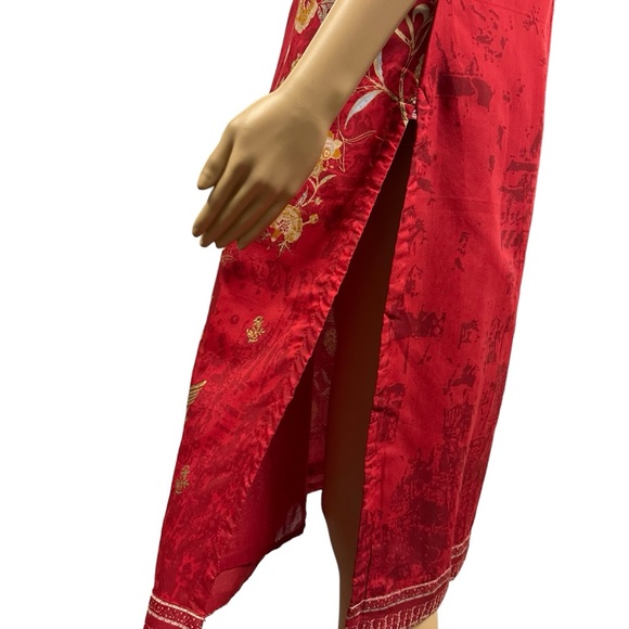 3 Piece Set Red Gold Karta Tunic Thigh Slit Matching Vest and Scarf 32 34 US 2 4 - Picture 10 of 16